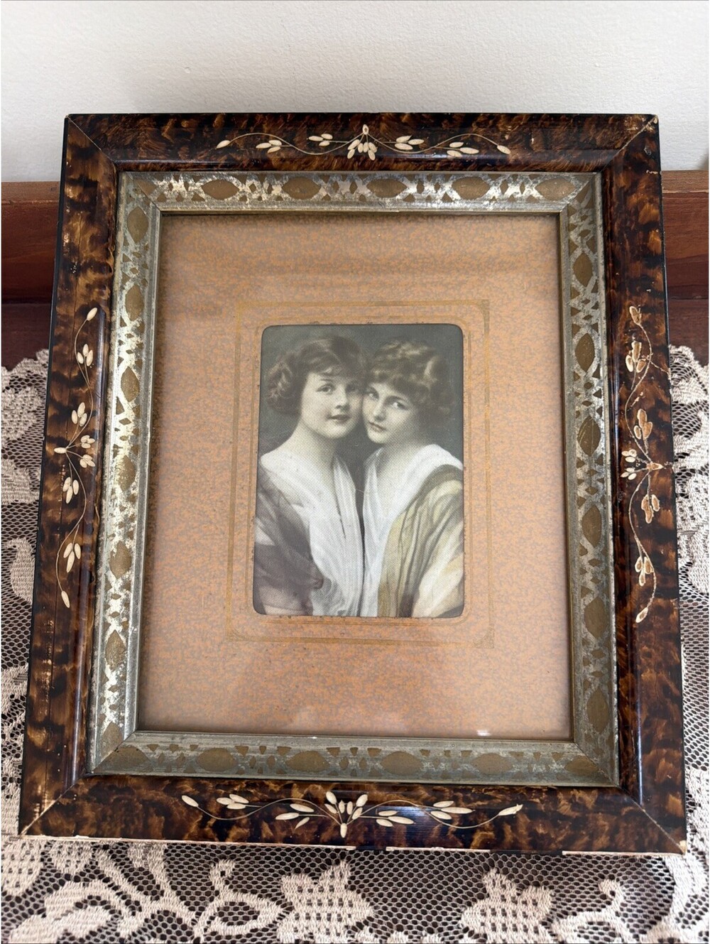Antique Art Nouveau Faux Tortoiseshell Frame Gesso Carved Wood Fits 8x10 Photo